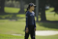 Lydia Ko, of New Zealand, reacts after missing a birdie putt on the ninth green of the Lake Merced Golf Club during the first round of the LPGA Mediheal Championship golf tournament Thursday, May 2, 2019, in Daly City, Calif. (AP Photo/Eric Risberg)