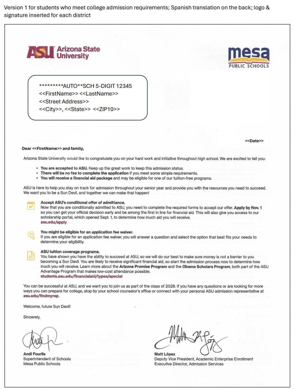 ASU sample acceptance letter sent when student meets college admission requirements