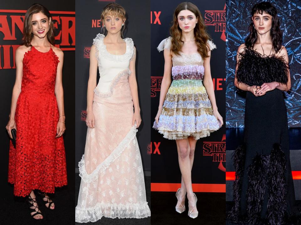 Natalia Dyer at "Stranger Things" premieres between 2016 and 2022.