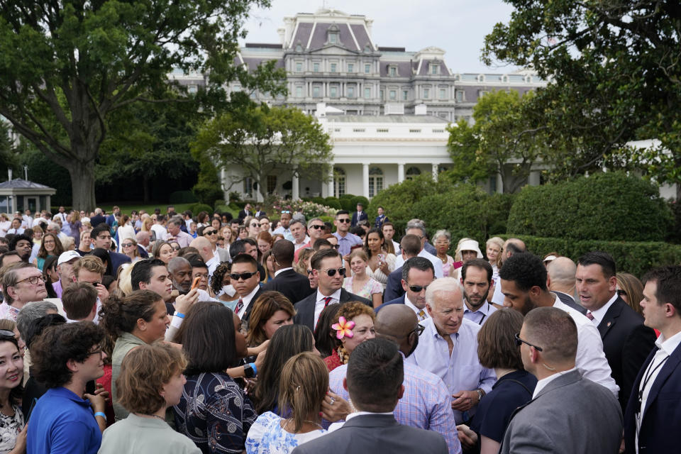 FILE - President Joe Biden greets people after speaking at the Congressional Picnic on the South Lawn of the White House, July 12, 2022, in Washington. (AP Photo/Patrick Semansky, File)