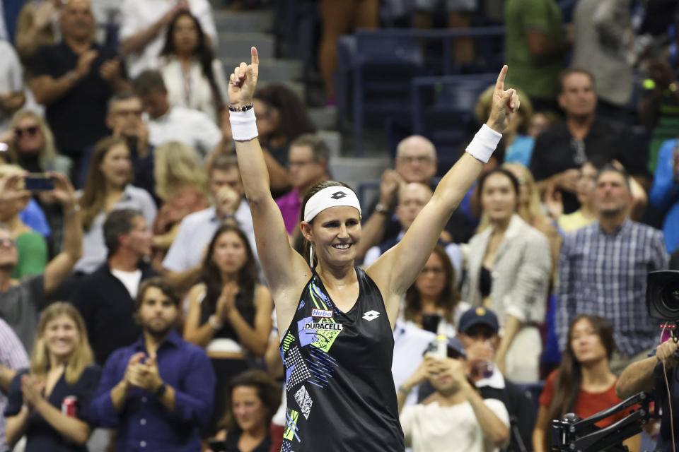 Greet Minnen, of Belgium, celebrates after winning a match against Venus Williams, of the United States, at the first round of the U.S. Open tennis championships, Tuesday, Aug. 29, 2023, in New York. (AP Photo/Jason DeCrow)