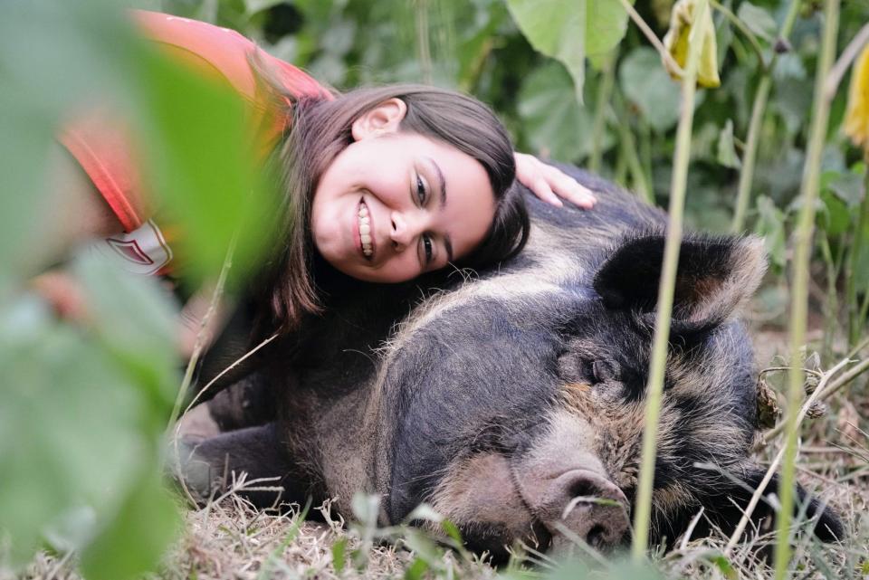 Stella Coulman has a moment with Roxy, one of the family pigs at Prairie Junction Farms.