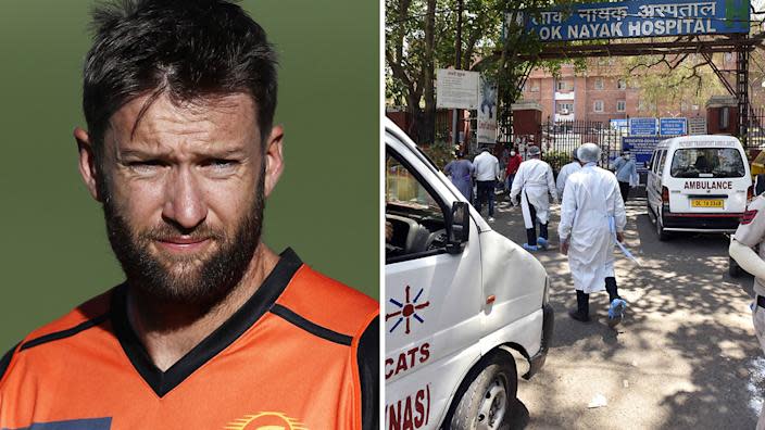 Seen here, Australian bowler Andrew Tye and the scene outside a hospital in India.