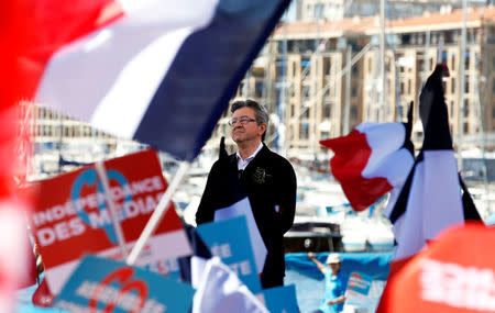 Jean-Luc Melenchon of the French far left Parti de Gauche and candidate for the 2017 French presidential election delivers a speech during a political rally in Marseille, France, April 9, 2017. REUTERS/Jean-Paul Pelissier