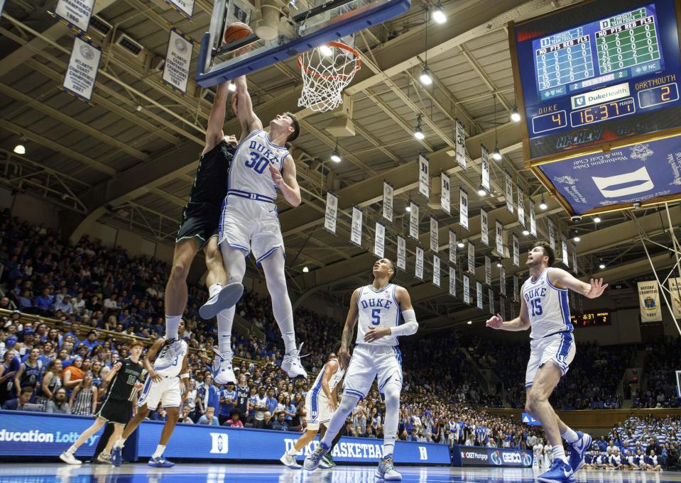 FILE -Duke's Kyle Filipowski (30) blocks the shot of Dartmouth's Dusan Neskovic, left, ahead of Duke's Tyrese Proctor (5) and Ryan Young (15) during the first half of an NCAA college basketball game in Durham, N.C., Monday, Nov. 6, 2023. More than half of Americans say they are against college athletes unionizing, though younger respondents were more supportive than older, according to a new poll from The Associated Press-NORC Center for Public Affairs Research. (AP Photo/Ben McKeown, File)