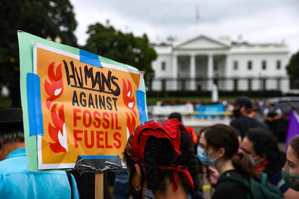 The Biden administration welcomes the critical voices of young people, the EPA chief said in discussing the new advisory council. Above, Native and other environmentalist groups gathered outside the White House in October 2021 during “People vs. Fossil Fuels” protests. (Photo credit: Yasin Ozturk/Anadolu Agency via Getty Images)