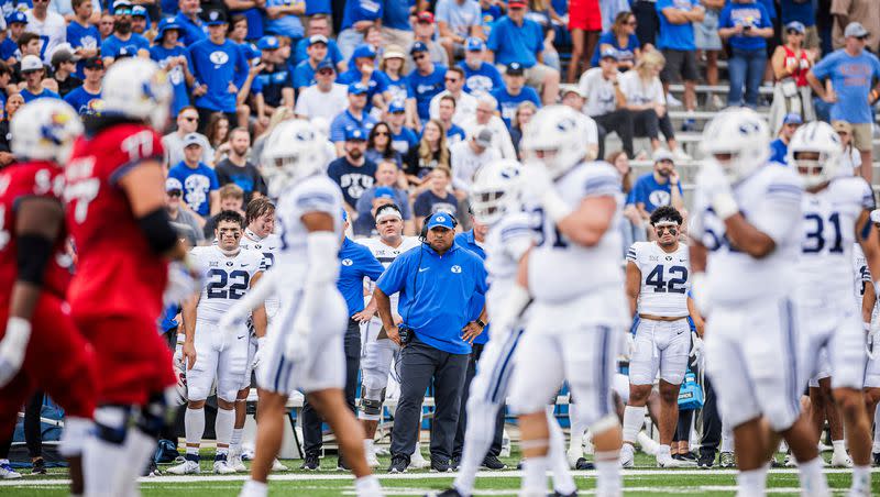 BYU head coach Kalani Sitake looks on from the sidelines during Big 12 opener against Kansas. The Cougars host Cincinnati in their Big 12 home opener Friday night in Provo.