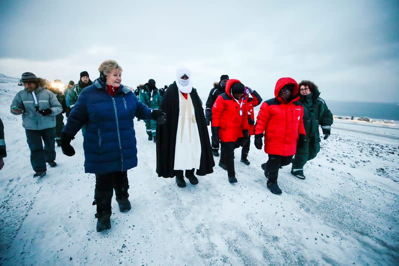 Norway's Prime Minister Erna Solberg, Agriculture and Food Minister Olaug V. Bollestad and Ghana's President Nana Akufo-Addo visit Svalbard's global seed vault in Longyearbyen