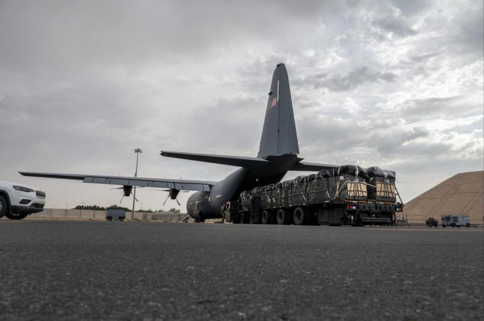 PHOTO: A U.S. Air Force C-130 aircraft is seen being loaded in a photo supplied on Sunday, April 21, 2024, by the U.S. Central Command.  (U.S. Central Command)