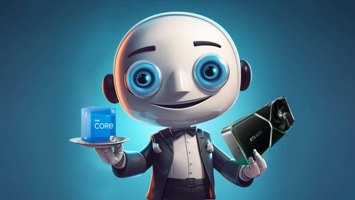  Robot butler holding an Intel Core i5 CPU and an NVIDIA RTX 4070 GPU. 