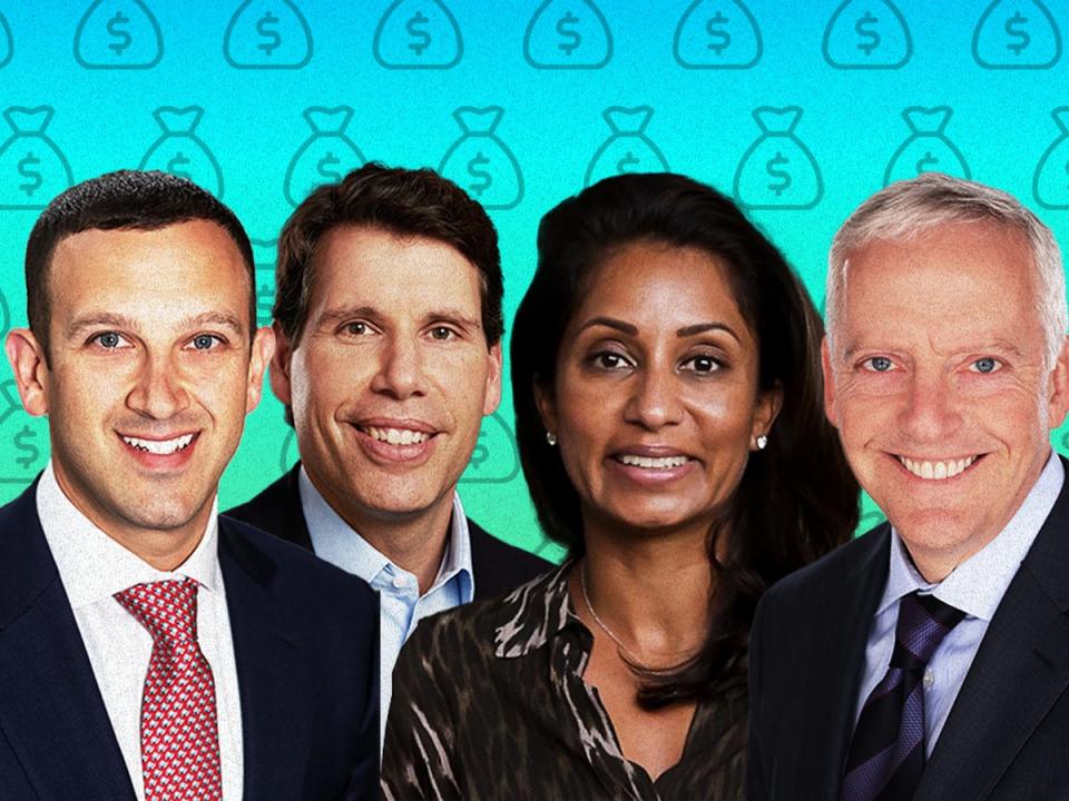 Three men and one woman in the foreground smiling with a gradient background with money bag elements
