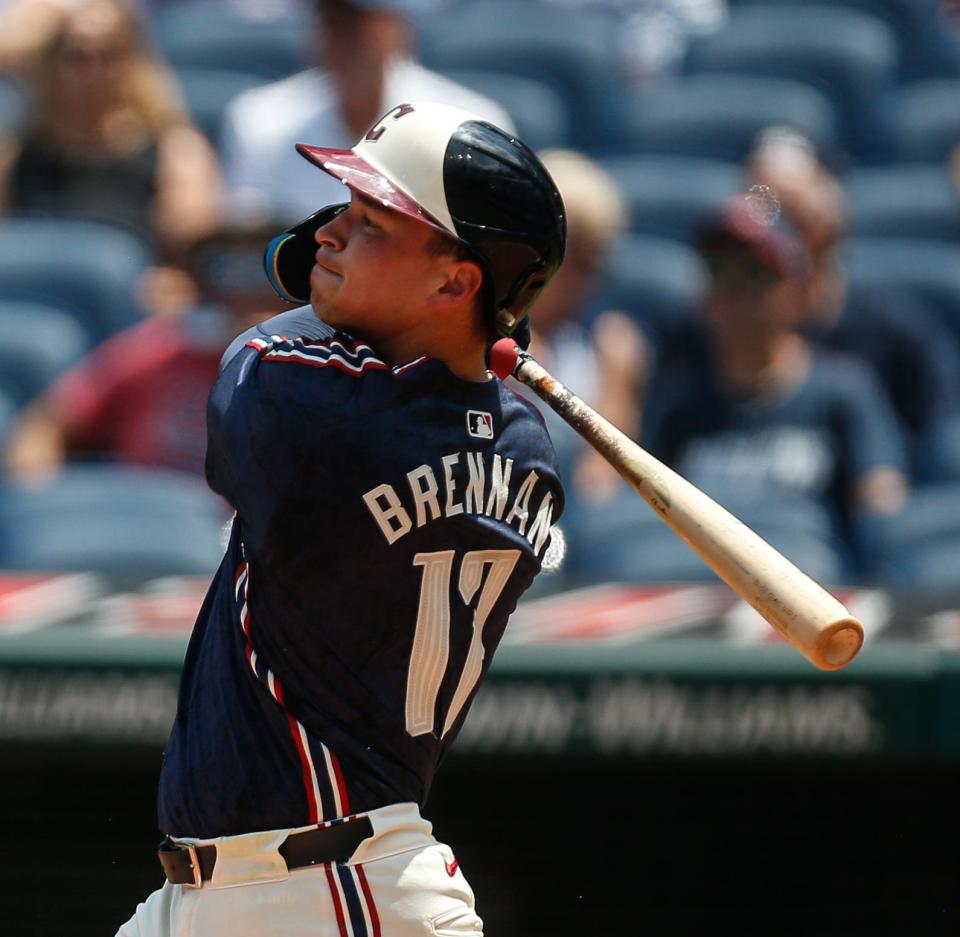 Cleveland Guardians' Will Brennan (17) blasts a home run during the second inning against the Seattle Mariners on Thursday in Cleveland.