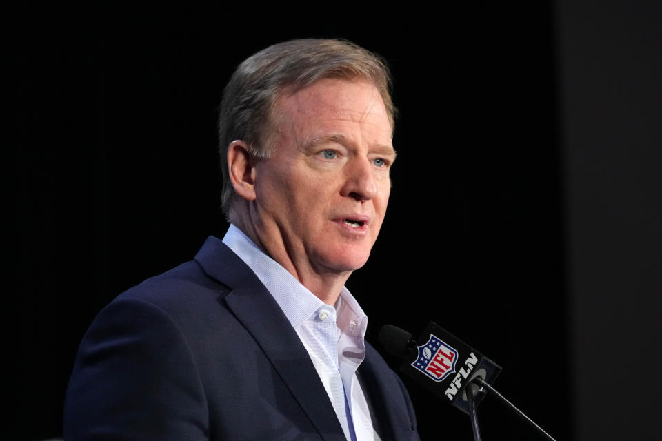 Feb 13, 2023; Phoenix, AZ, USA; NFL commissioner Roger Goodell at the Super Bowl Host Committee Handoff press conference at the Phoenix Convention Center. Mandatory Credit: Kirby Lee-USA TODAY Sports