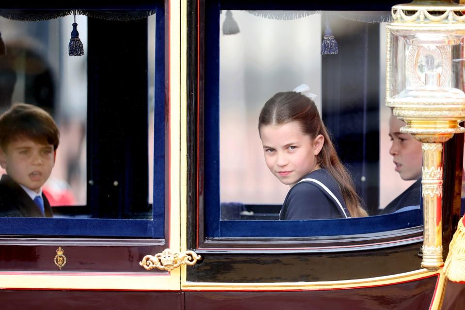 london, england june 15 prince louis of wales, princess charlotte of wales and prince george of wales during trooping the colour at buckingham palace on june 15, 2024 in london, england trooping the colour is a ceremonial parade celebrating the official birthday of the british monarch the event features over 1,400 soldiers and officers, accompanied by 200 horses more than 400 musicians from ten different bands and corps of drums march and perform in perfect harmony photo by chris jacksongetty images