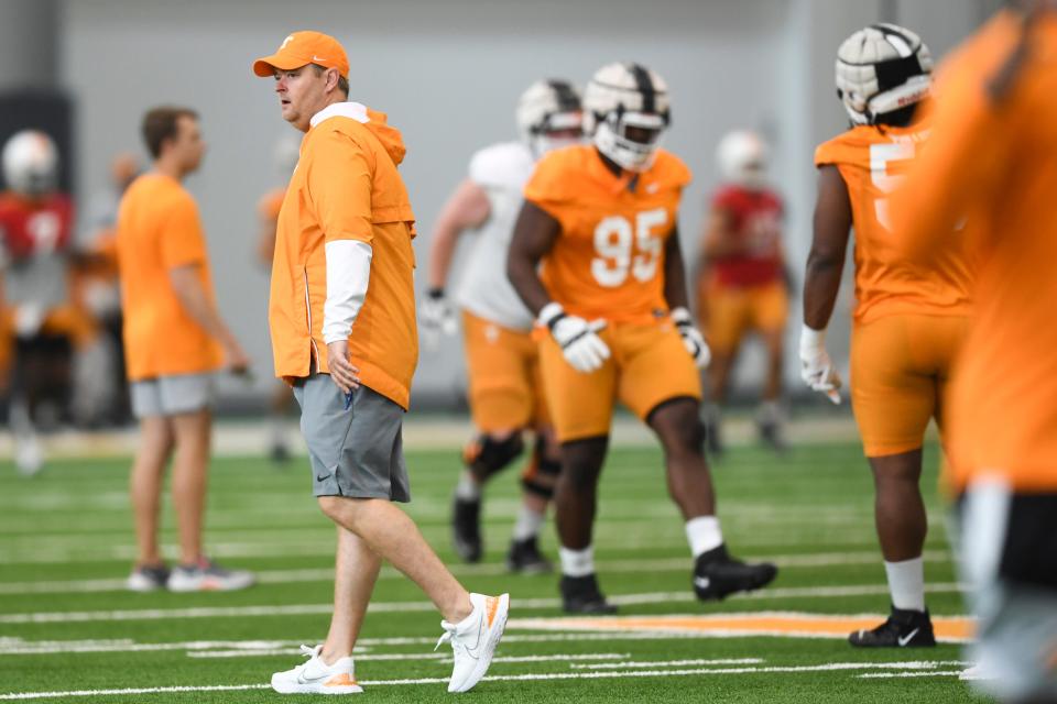 Tennessee head coach Josh Heupel observes during the second day of Tennessee football practice at Anderson Training Facility in Knoxville, Tuesday, Aug. 2, 2022.