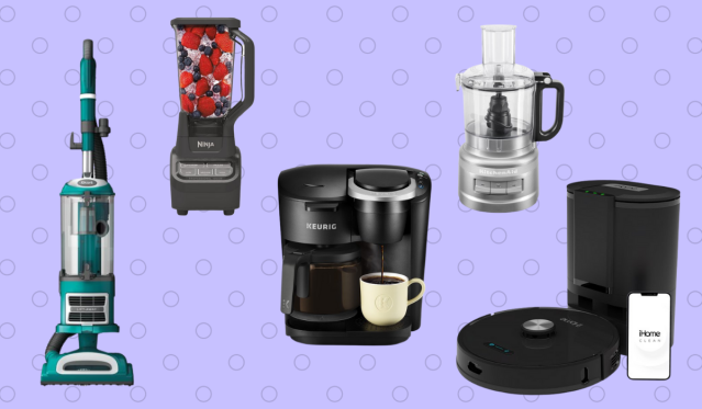 Shark upright, Ninja blender, Keurig coffee pot, KitchenAid food processor, iHome vac mop. 