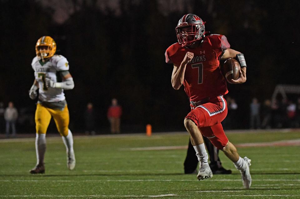 Brock Cornell #7 of the West Allegheny Indians breaks free for a rushing touchdown in the first half during the game against the Blackhawk Cougars at Joe P. DeMichela Stadium on October 14, 2022 in Imperial, Pennsylvania.