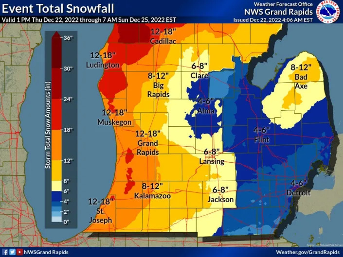 Snowfall projections for lower Michigan from Thursday, Dec. 22 through Saturday, Dec. 24, 2022.