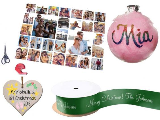 Getting Personal multi photo upload wrapping paper, £4.99; Gift In Can personalised handmade Christmas hanging wooden heart plaque, £3.49; Amazon pink feather clear glass personalised Christmas bauble, £16.25; Zazzle personalised green Merry Christmas gift ribbon, £8.15 per spool.