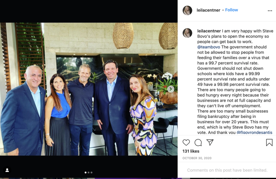 Leila Centner stands with Florida Gov. Ron DeSantis and former Miami-Dade County mayoral candidate Steve Bovo.