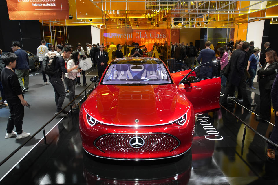 A Mercedes-Benz Concept CLA Class car is on display at the Mercedes-Benz booth during the CES tech show, Wednesday, Jan. 10, 2024, in Las Vegas. (AP Photo/John Locher)