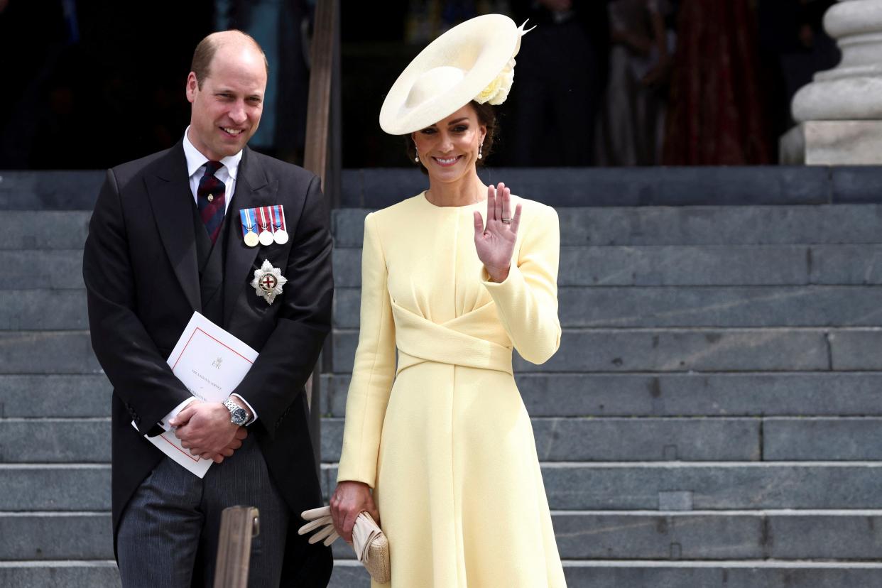 Britain's Kate, Duchess of Cambridge and Prince William leave after a service of thanksgiving for the reign of Queen Elizabeth II.