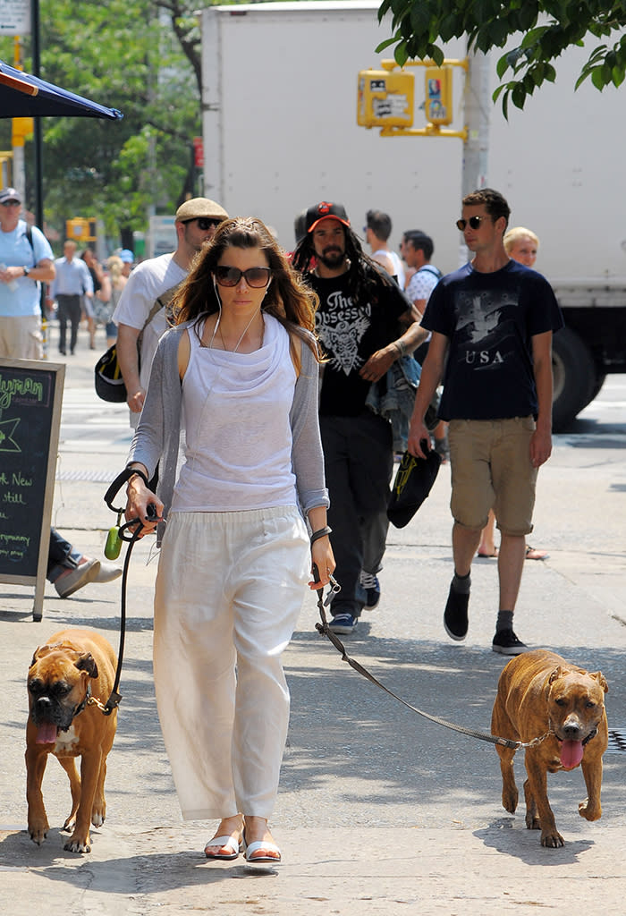 Jessica Biel walks her dogs in SoHo, NYC