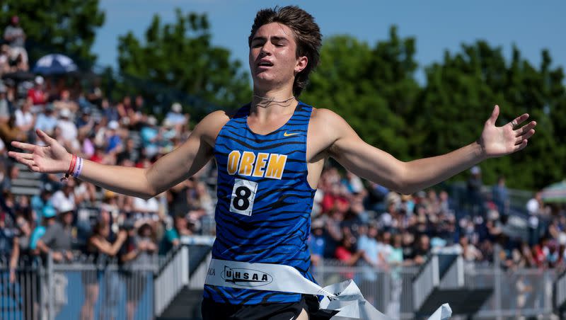 Orem’s Tayson Echohawk places first in the 5A boys 3,200-meter finals at the Utah high school track and field championships at BYU in Provo on Thursday, May 18, 2023.