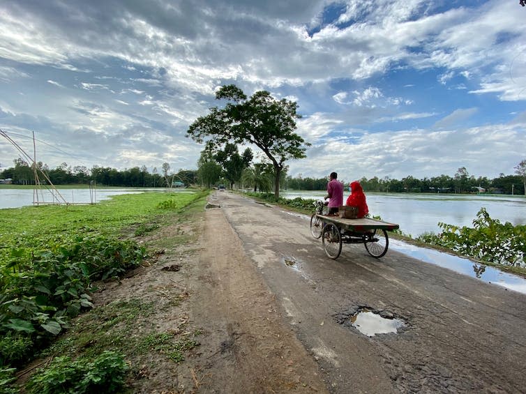 Two people on a rickshaw in the countryside.