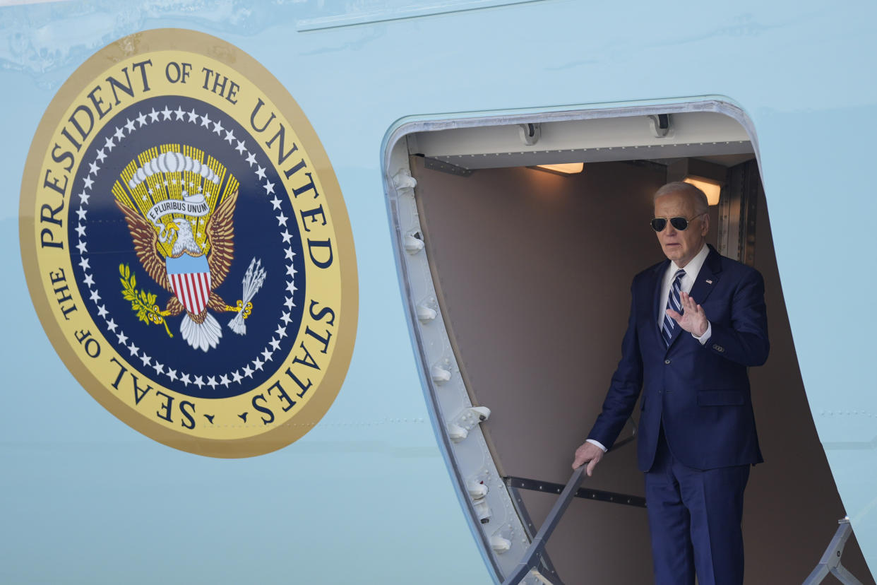 President Joe Biden arrives at John F. Kennedy International Airport, Thursday, April 25, 2024, in New York. (AP Photo/Evan Vucci)