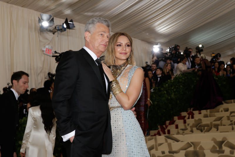 Katharine McPhee (R) and David Foster attend the Costume Institute Benefit at the Metropolitan Museum of Art in 2018. File Photo by John Angelillo/UPI