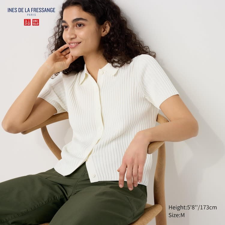 A photo of a model wearing a Ribbed Polo Short Sleeve Cardigan. (PHOTO: Uniqlo)
