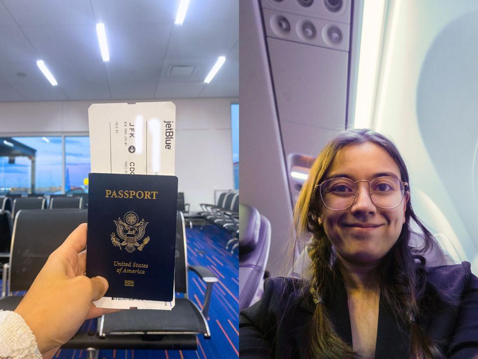 Left: A hand holds a US passport in front of an empty airport gate. Right: The author wearing black snaps a selfie in the plane seat
