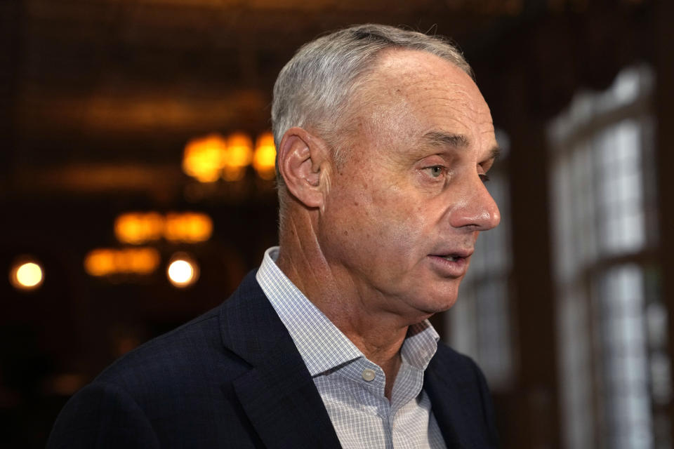 Major League Baseball Commissioner Rob Manfred speaks with the news media after a meeting of MLB owners, Thursday, Feb. 9, 2023, in Palm Beach, Fla. (AP Photo/Lynne Sladky)