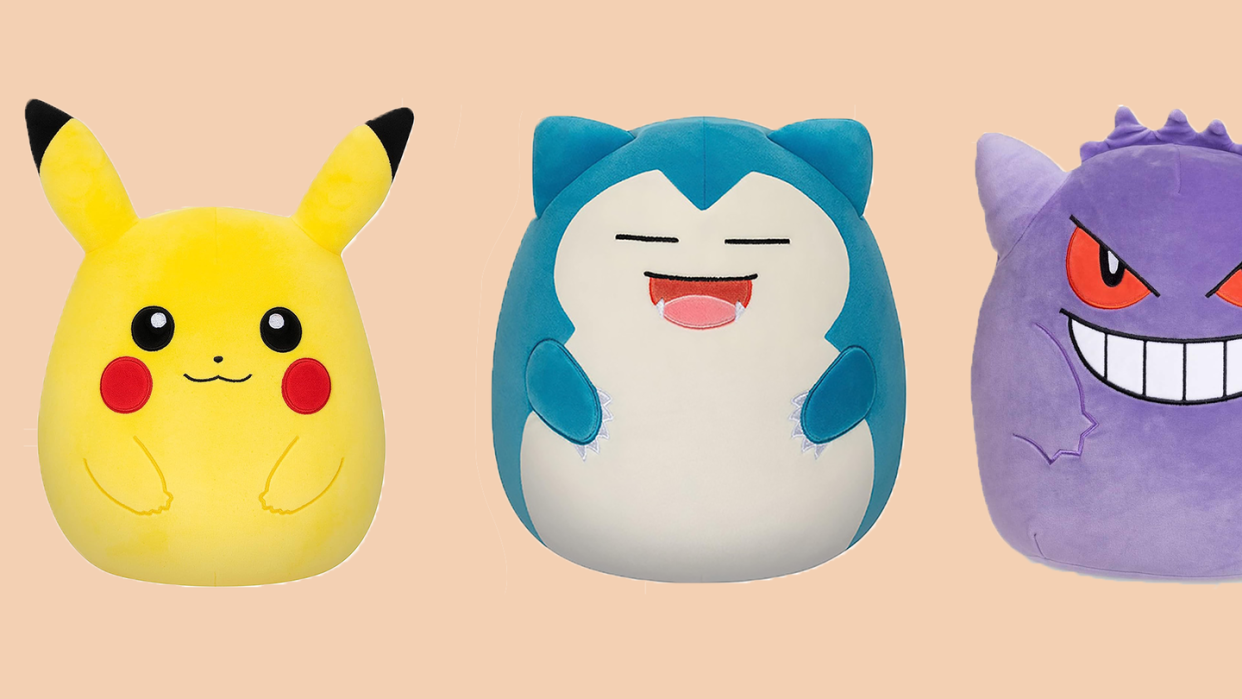 sqyuishmallows in the shape of pikachu, snorlax and gengar