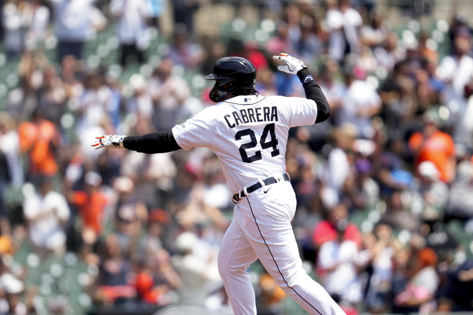 Detroit Tigers' Miguel Cabrera celebrates his two-run home run against the Atlanta Braves in the second inning during the first baseball game of a doubleheader, Wednesday, June 14, 2023, in Detroit. (AP Photo/Paul Sancya)
