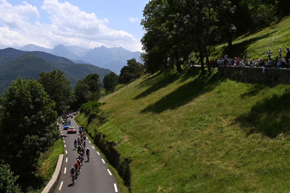 CAUTERETSCAMBASQUE FRANCE  JULY 06 A general view of Wout Van Aert of Belgium and Team JumboVisma Matteo Trentin of Italy and UAE Team Emirates Michal Kwiatkowski of Poland and Team INEOS Grenadiers Neilson Powless of The United States James Shaw of United Kingdom and Team EF EducationEasyPost Julian Alaphilippe of France Kasper Asgreen of Denmark and Team Soudal  Quick Step Nikias Arndt of Germany and Team Bahrain Victorious Benot Cosnefroy of France Oliver Naesen of Belgium and Ag2R Citron Team Mathieu Van Der Poel of The Netherlands and Team AlpecinDeceuninck Bryan Coquard of France Anthony Perez of France and Team Cofidis Ruben Guerreiro of Portugal Gorka Izagirre of Spain and Movistar Team Krists Neilands of Latvia and Team IsraelPremier Tech Christopher JuulJensen of Denmark and Team JaycoAlUla Matis Louvel of France and Team ArkaSamsic Tobias Halland Johannessen of Norway and Jonas Gregaard of Denmark and UnoX Pro Cycling Team compete in the breakaway climbing to the Col dAspin 1490m during the stage six of the 110th Tour de France 2023 a 1449km stage from Tarbes to CauteretsCambasque 1355m  UCIWT  on July 06 2023 in  CauteretsCambasque France Photo by Tim de WaeleGetty Images