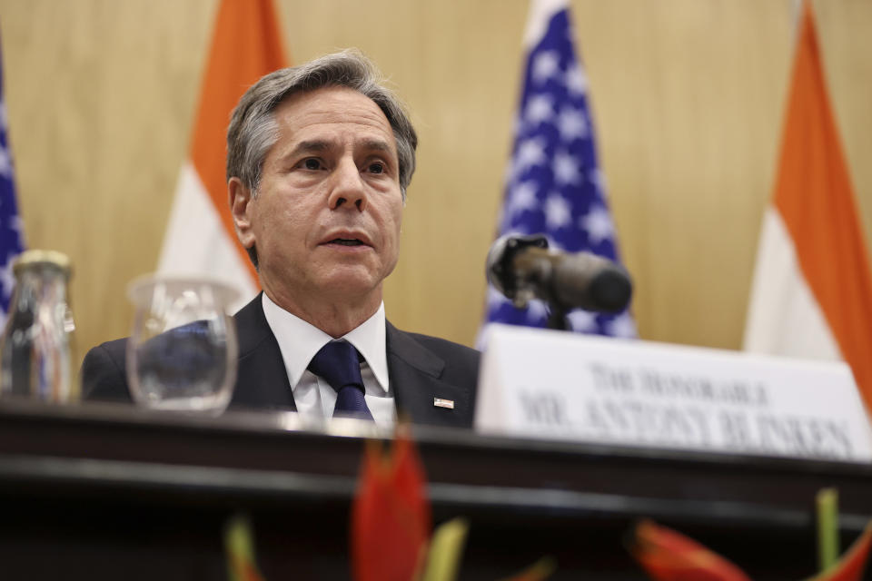 U.S. Secretary of State Antony Blinken speaks during a joint news conference with Indian Foreign Minister Subrahmanyam Jaishankar at Jawaharlal Nehru Bhawan (JNB) in New Delhi, India, Wednesday, July 28, 2021. Blinken was talking with top Indian officials Wednesday in meetings that are expected to deepen ties between the important allies that are both rivals to a rising China. (Jonathan Ernst/Pool Photo via AP)