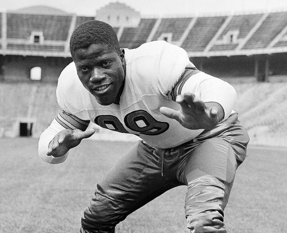 FILE - Ohio State's Bill Willis, who went on to a stellar pro career with the Cleveland Browns, poses in Columbus, Ohio, Sept. 11, 1944. During a field trip, Wednesday, June, 15, 2022, the Browns listened intently to a presentation about Browns Hall of Famers Willis and Marion Motley, who along with Kenny Washington and Woodie Stroke broke pro football's color barrier in the 1940s. (AP Photo/File)