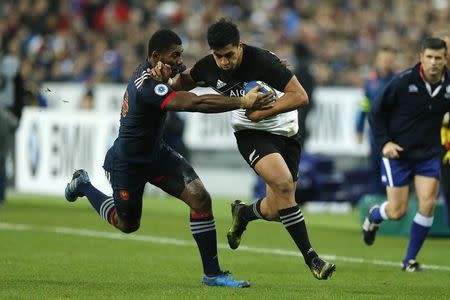 France Rugby - France v New Zealand All Blacks - Stade de France, Saint-Denis near Paris, France, 26/11/2016. France's Noa Nakaitaci and New Zealand's Rieko Ioane in action. REUTERS/Benoit Tessier