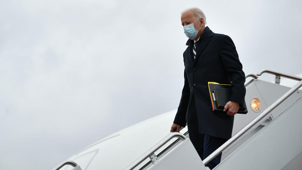 US President Joe Biden steps off Air Force One upon arrival at Andrews Air Force Base in Maryland on March 1, 2021.(Mandel Ngan/AFP via Getty Images)