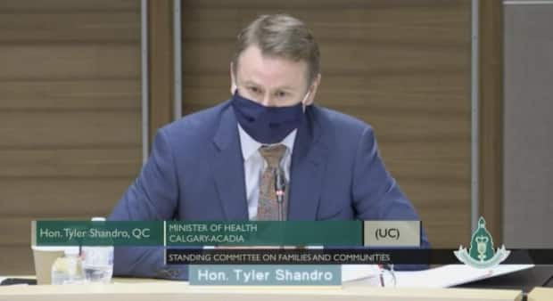 At a legislative committee meeting Tuesday, Health Minister Tyler Shandro said the government is moving ahead with an Alberta Health Services cost-cutting plan, announced in October, which includes the outsourcing of laundry and lab services. (Legislative Assembly of Alberta - image credit)