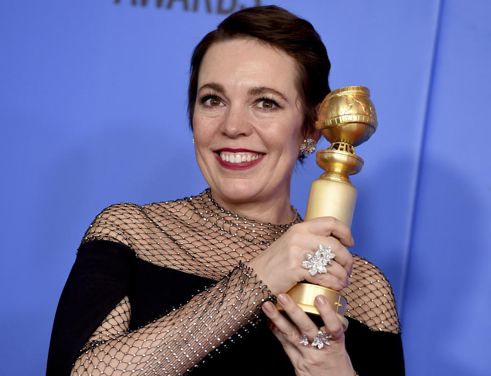 Olivia Colman poses in the press room with the award for best performance by an actress in a motion picture, musical or comedy for “The Favourite” at the 76th annual Golden Globe Awards at the Beverly Hilton Hotel on Sunday, Jan. 6, 2019, in Beverly Hills, Calif. (Photo by Jordan Strauss/Invision/AP)