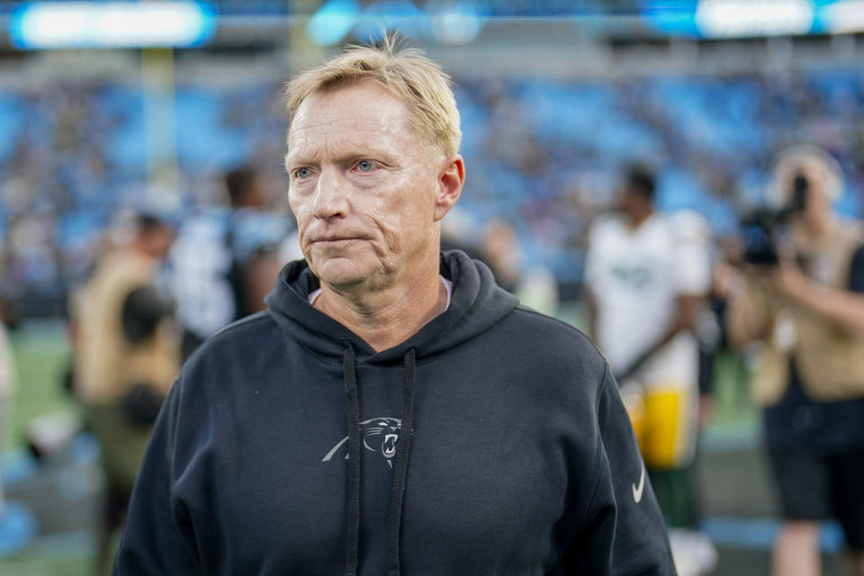 Carolina Panthers interim head coach Chris Tabor leaves the field after their lost against the Green Bay Packers in an NFL football game Sunday, Dec. 24, 2023, in Charlotte, N.C. (AP Photo/Jacob Kupferman)