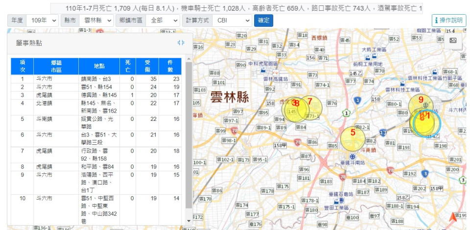 圖／109年雲林縣肇事熱點（圖片來源：道安資訊查詢網）