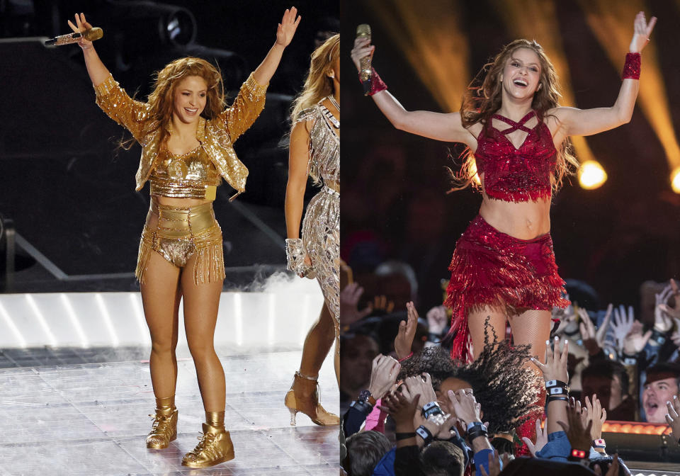 En esta combinación de fotografías, Shakira durante su presentación en el espectáculo de medio tiempo del Super Bowl 54 de la NFL entre los 49ers de San Francisco y los Chiefs de Kansas City el 2 de febrero de 2020, en Miami Gardens, Florida. Los trajes que usó Shakira en el Super Bowl formarán parte de una exposición del Museo del Grammy que se inaugurará el 4 de marzo de 2023. (Foto AP)