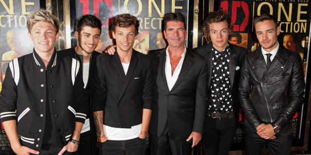 LONDON, ENGLAND - AUGUST 20:  (EMBARGOED FOR PUBLICATION IN UK TABLOID NEWSPAPERS UNTIL 48 HOURS AFTER CREATE DATE AND TIME. MANDATORY CREDIT PHOTO BY DAVE M. BENETT/WIREIMAGE REQUIRED)  (L to R) Niall Horan, Zayn Malik, Louis Tomlinson, Simon Cowell, Harry Styles and Liam Payne attend the World Premiere of 'One Direction: This Is Us 3D' at Empire Leicester Square on August 20, 2013 in London, England.  (Photo by Dave M. Benett/WireImage) (Photo: )