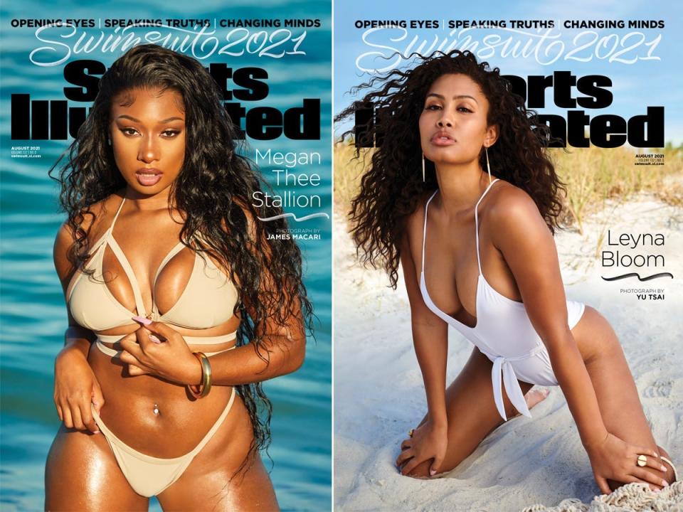 A side by side of Megan Thee Stallion and Leyna Bloom's Sports Illustrated covers.