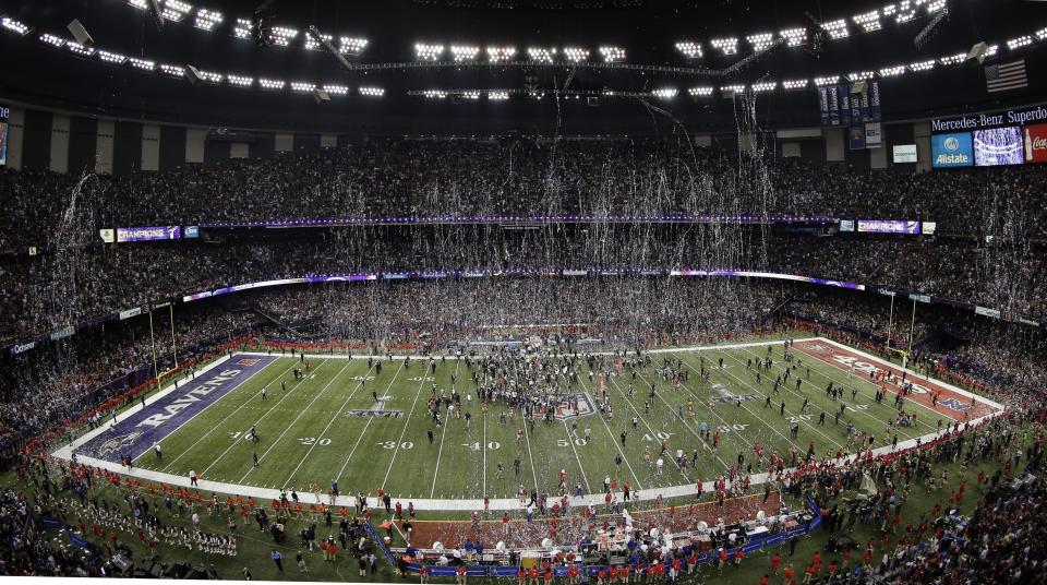 FILE - In this Feb. 3, 2013, file photo, streamers and confetti fall after the Baltimore Ravens won the NFL Super Bowl XLVII football game 34-31 over the San Francisco 49ers in New Orleans. New Orleans' mayor says the city deserves to get a bigger percentage of the $166 million collected each year from a 15 percent surcharge on hotel rooms. (AP Photo/Charlie Riedel, File)