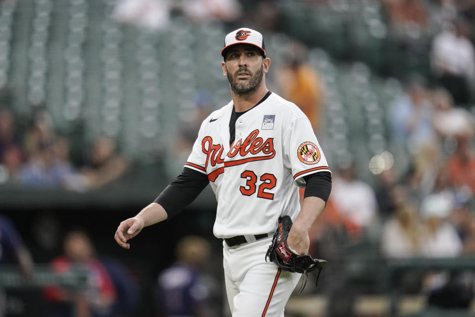 Baltimore Orioles starting pitcher Matt Harvey heads to the dugout after pitching to the Minnesota Twins during the second inning of a baseball game, Wednesday, June 2, 2021, in Baltimore. (AP Photo/Julio Cortez)